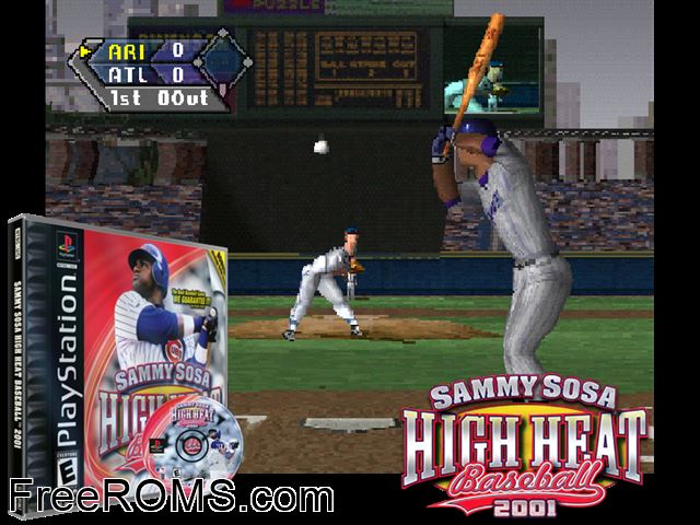 Sammy Sosa High Heat Baseball 2001 PSX game showing 3D box cover and gameplay screenshot