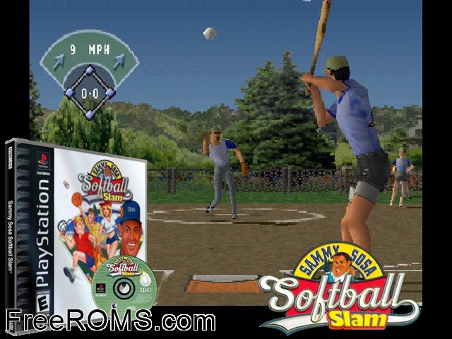 Sammy Sosa Softball Slam PSX game showing 3D box cover and gameplay screenshot