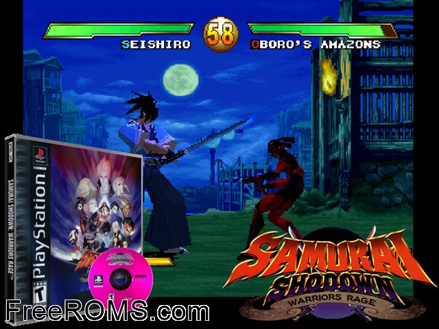 Samurai Showdown - Warrior's Rage PSX game showing 3D box cover and gameplay screenshot