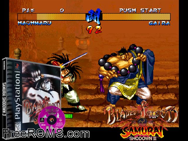 Samurai Showdown III PSX game showing 3D box cover and gameplay screenshot