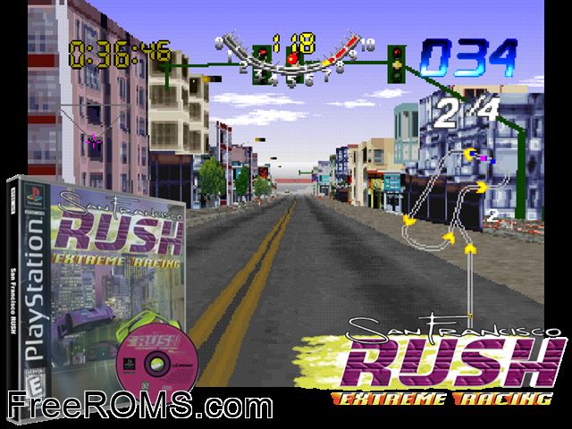 San Francisco Rush - Extreme Racing PSX game showing 3D box cover and gameplay screenshot