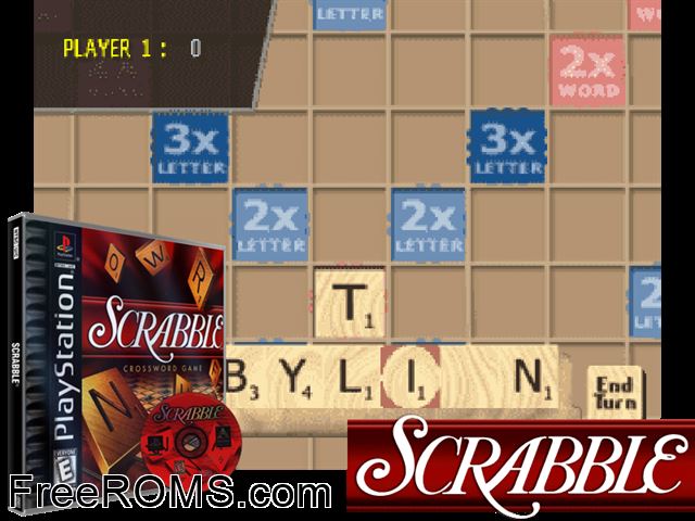 Scrabble PSX game showing 3D box cover and gameplay screenshot