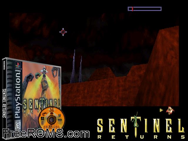 Sentinel Returns PSX game showing 3D box cover and gameplay screenshot