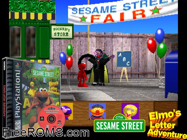Sesame Street - Elmos Letter Adventure PSX game showing 3D box cover and gameplay screenshot