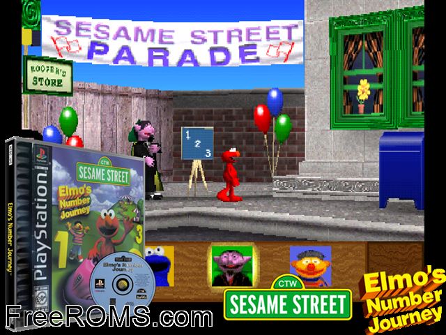Sesame Street - Elmos Number Journey PSX game showing 3D box cover and gameplay screenshot