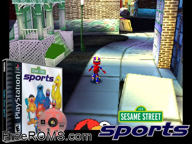 Sesame Street Sports PSX game showing 3D box cover and gameplay screenshot