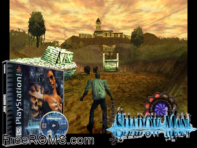 Shadow Man PSX game showing 3D box cover and gameplay screenshot