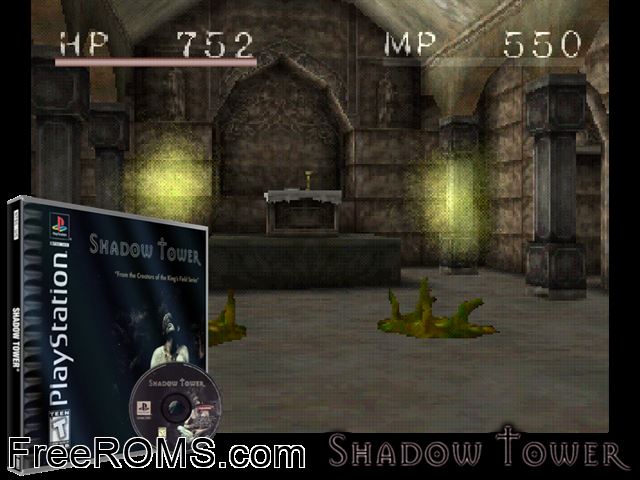 Shadow Tower PSX game showing 3D box cover and gameplay screenshot