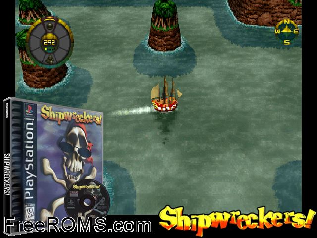 Shipwreckers! PSX game showing 3D box cover and gameplay screenshot