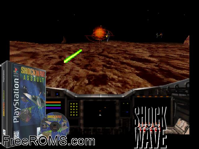 Shockwave Assault PSX game showing 3D box cover and gameplay screenshot