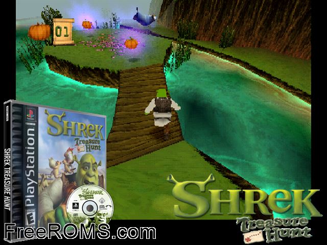 Shrek Treasure Hunt PSX game showing 3D box cover and gameplay screenshot