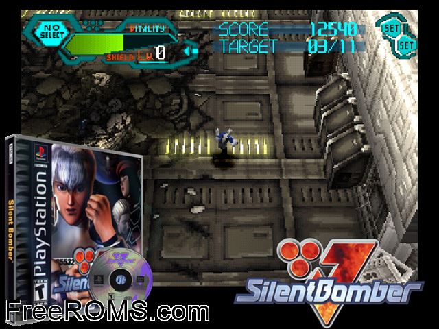 Silent Bomber PSX game showing 3D box cover and gameplay screenshot