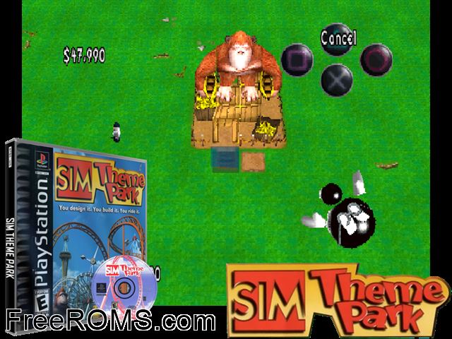 Sim Theme Park PSX game showing 3D box cover and gameplay screenshot