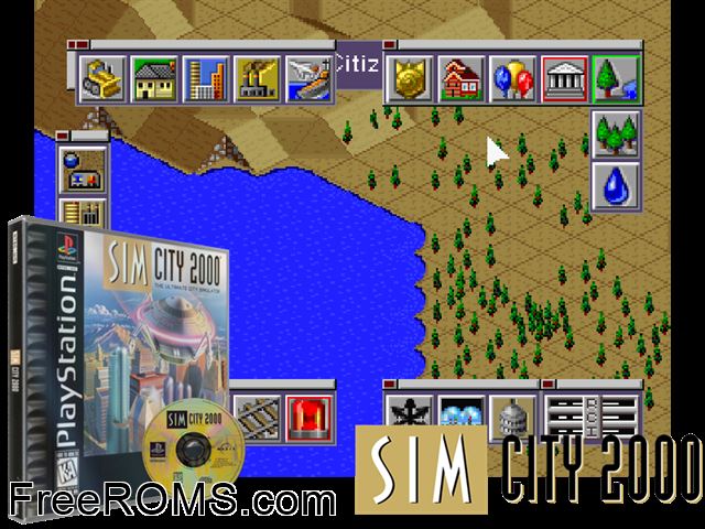 SimCity 2000 PSX game showing 3D box cover and gameplay screenshot