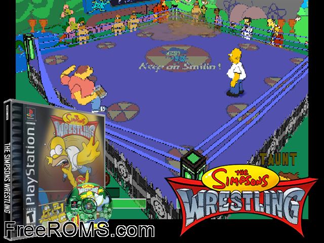 Simpsons Wrestling PSX game showing 3D box cover and gameplay screenshot