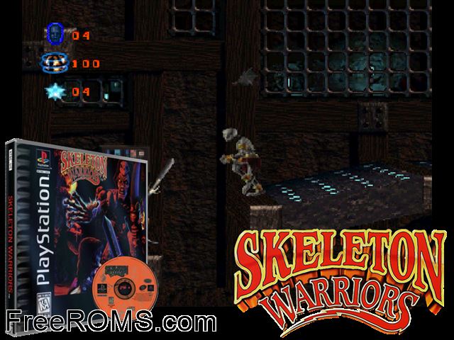 Skeleton Warriors PSX game showing 3D box cover and gameplay screenshot