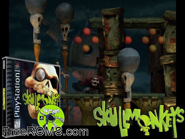 Skullmonkeys PSX game showing 3D box cover and gameplay screenshot