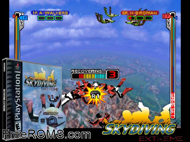 Skydiving Extreme PSX game showing 3D box cover and gameplay screenshot