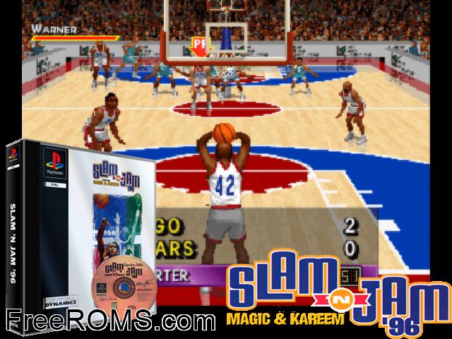 Slam 'n Jam '96 PSX game showing 3D box cover and gameplay screenshot