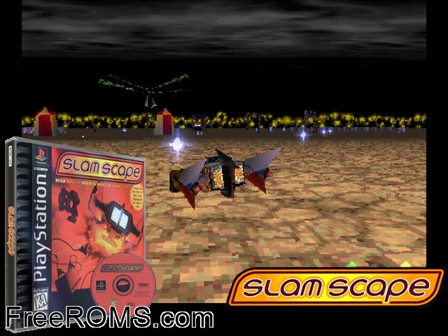 Slamscape PSX game showing 3D box cover and gameplay screenshot