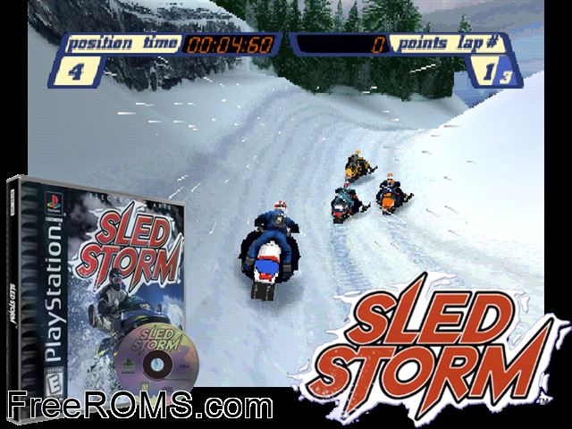 Sled Storm PSX game showing 3D box cover and gameplay screenshot