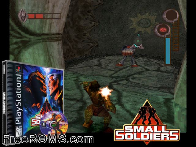 Small Soldiers PSX game showing 3D box cover and gameplay screenshot