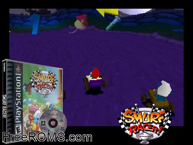 Smurf Racer! (En,Fr,Es) PSX game showing 3D box cover and gameplay screenshot