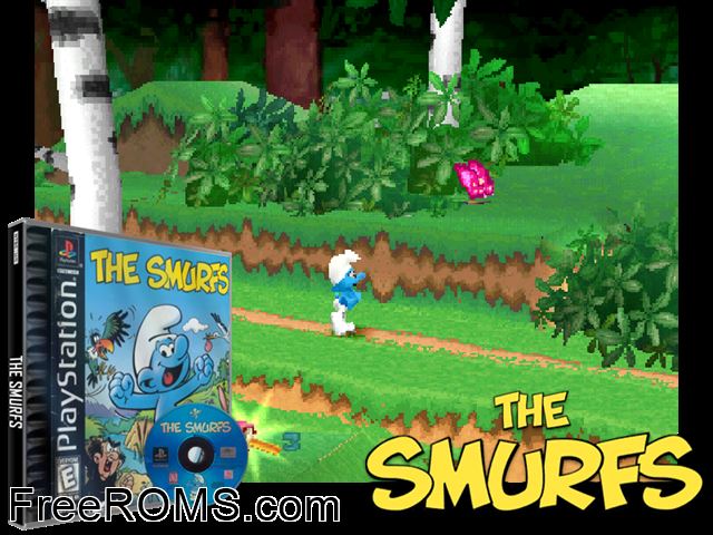 Smurfs, The (En,Fr,Es) PSX game showing 3D box cover and gameplay screenshot
