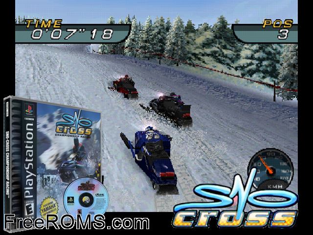 Sno-Cross Championship Racing PSX game showing 3D box cover and gameplay screenshot
