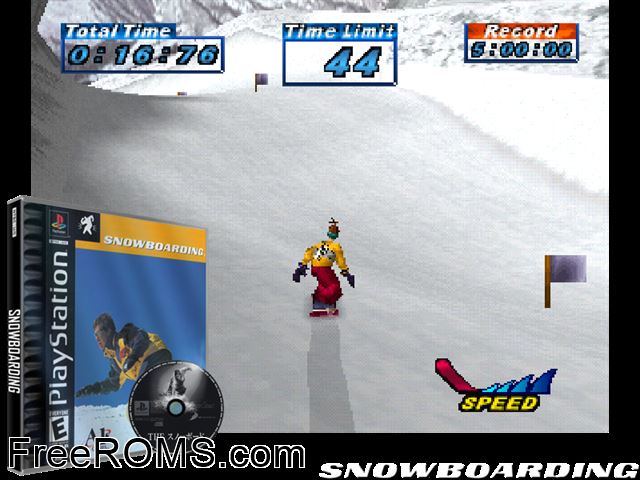 Snowboarding PSX game showing 3D box cover and gameplay screenshot