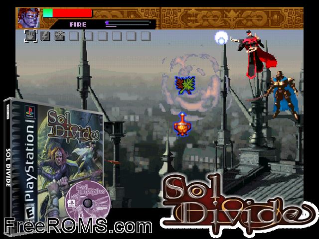 Sol Divide PSX game showing 3D box cover and gameplay screenshot