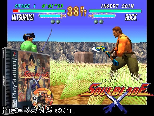 Soul Blade PSX game showing 3D box cover and gameplay screenshot