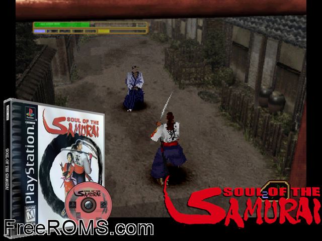 Soul of the Samurai PSX game showing 3D box cover and gameplay screenshot