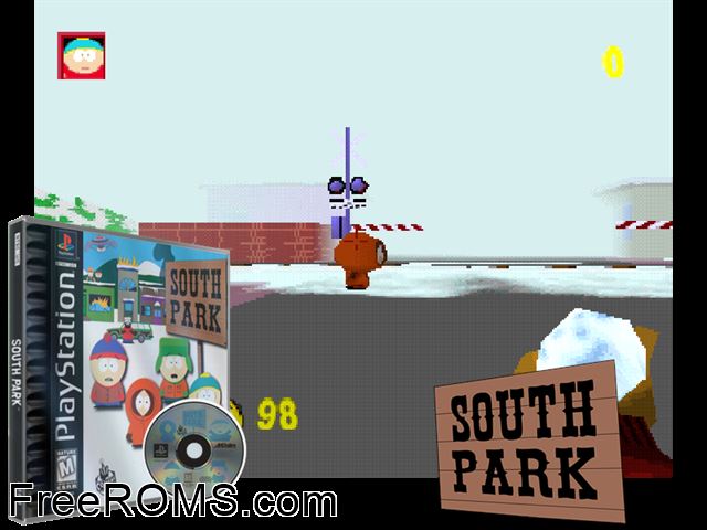 South Park PSX game showing 3D box cover and gameplay screenshot