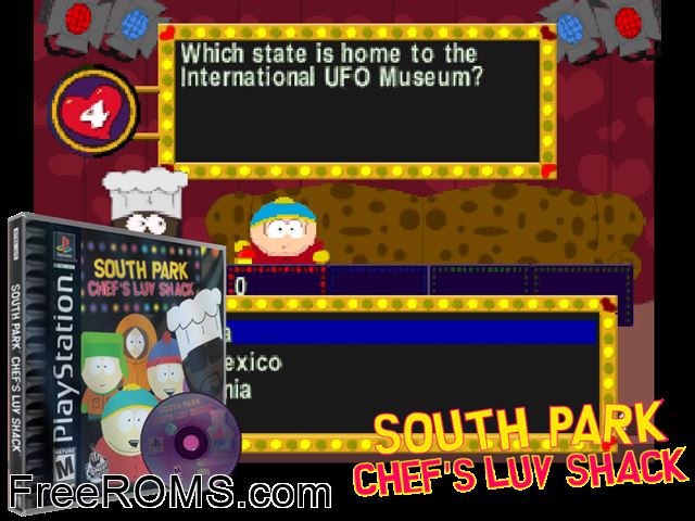 South Park - Chef's Luv Shack PSX game showing 3D box cover and gameplay screenshot