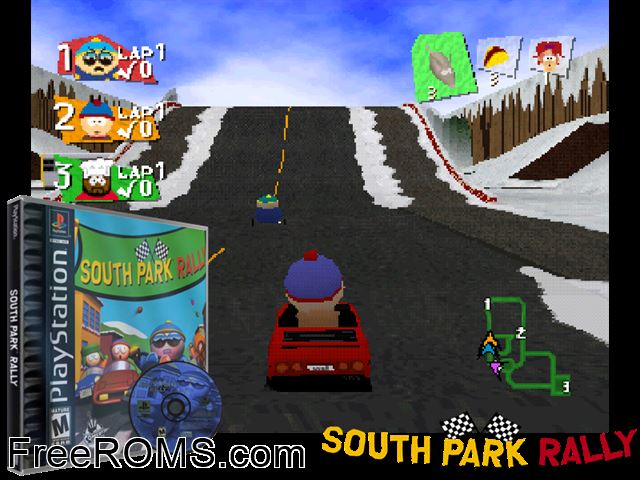 South Park Rally PSX game showing 3D box cover and gameplay screenshot
