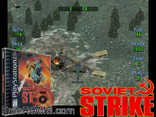 Soviet Strike PSX game showing 3D box cover and gameplay screenshot