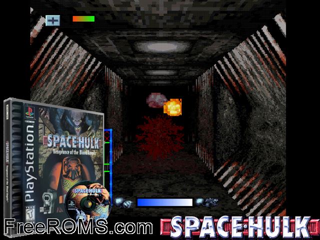 Space Hulk - Vengeance of the Blood Angels PSX game showing 3D box cover and gameplay screenshot