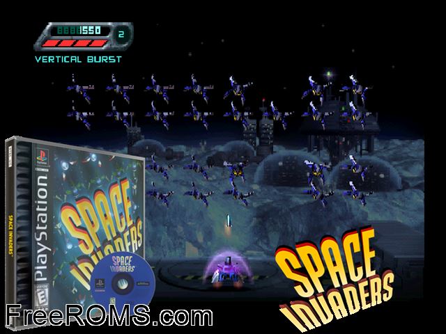 Space Invaders PSX game showing 3D box cover and gameplay screenshot