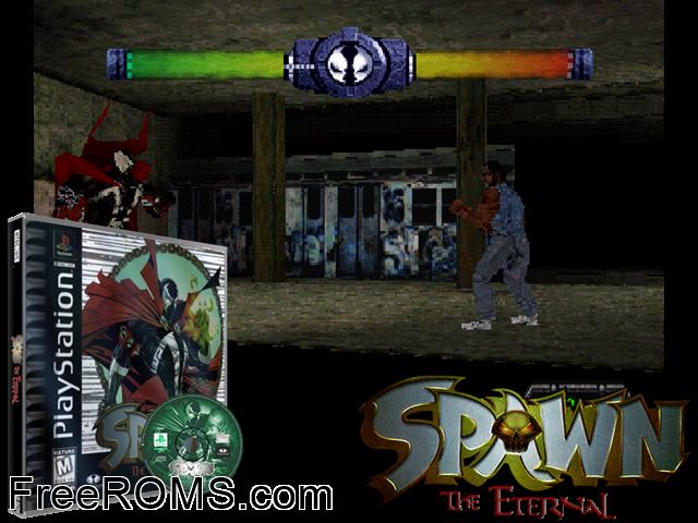 Spawn - The Eternal PSX game showing 3D box cover and gameplay screenshot