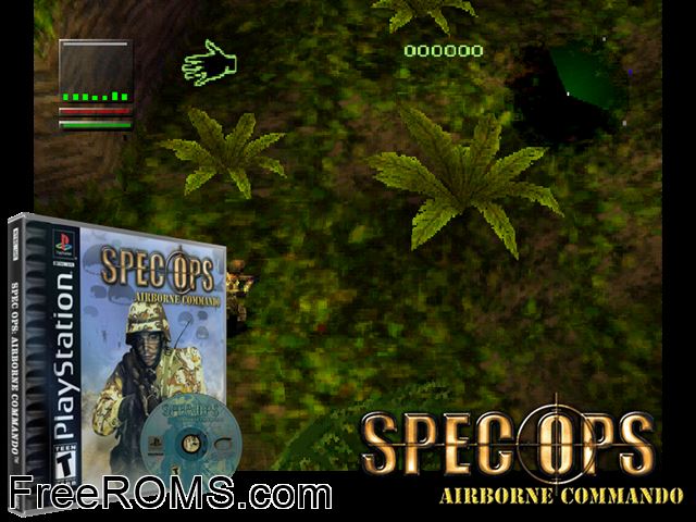 Spec Ops - Airborne Commando PSX game showing 3D box cover and gameplay screenshot