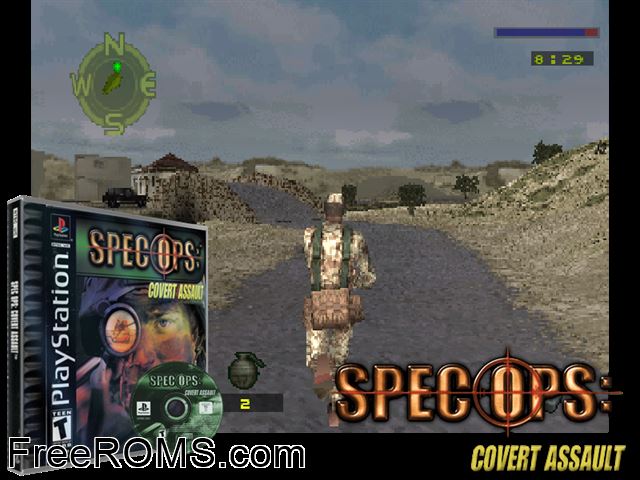 Spec Ops - Covert Assault PSX game showing 3D box cover and gameplay screenshot