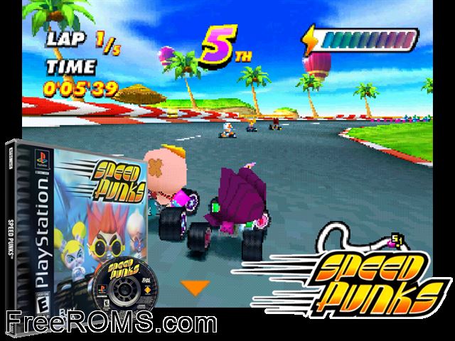 Speed Punks PSX game showing 3D box cover and gameplay screenshot