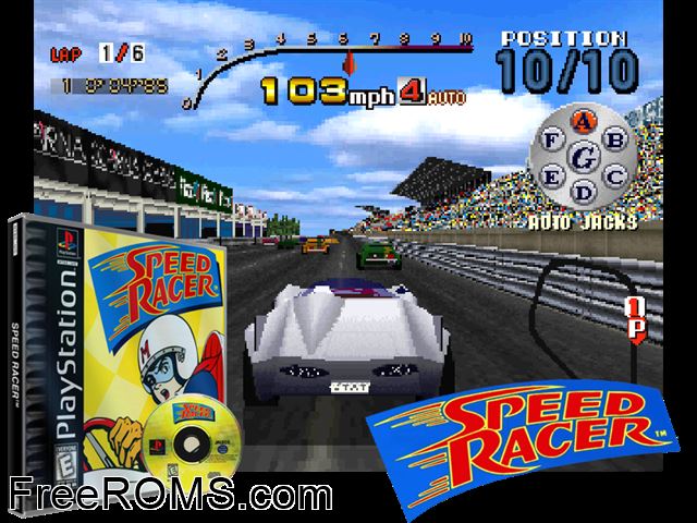 Speed Racer PSX game showing 3D box cover and gameplay screenshot