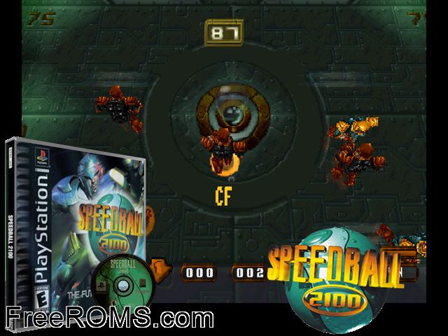 Speedball 2100 PSX game showing 3D box cover and gameplay screenshot