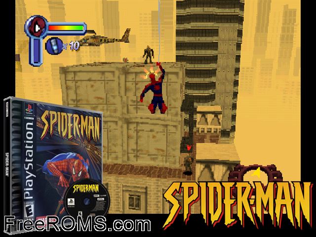 Spider-Man PSX game showing 3D box cover and gameplay screenshot