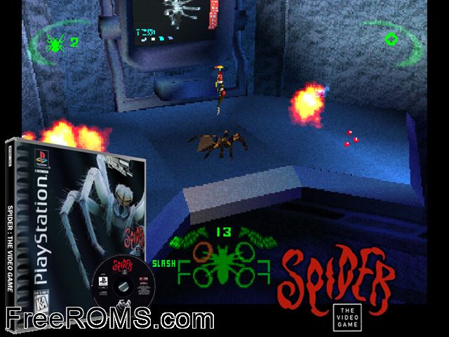Spider - The Video Game PSX game showing 3D box cover and gameplay screenshot