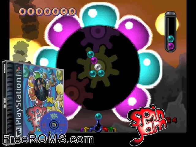 Spin Jam PSX game showing 3D box cover and gameplay screenshot