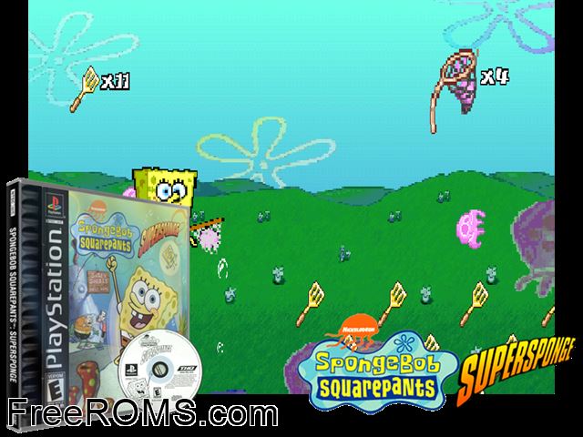 SpongeBob SquarePants - SuperSponge PSX game showing 3D box cover and gameplay screenshot