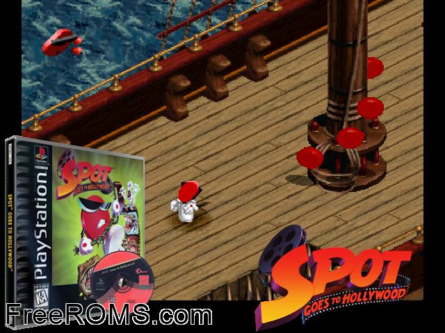 Spot Goes to Hollywood PSX game showing 3D box cover and gameplay screenshot